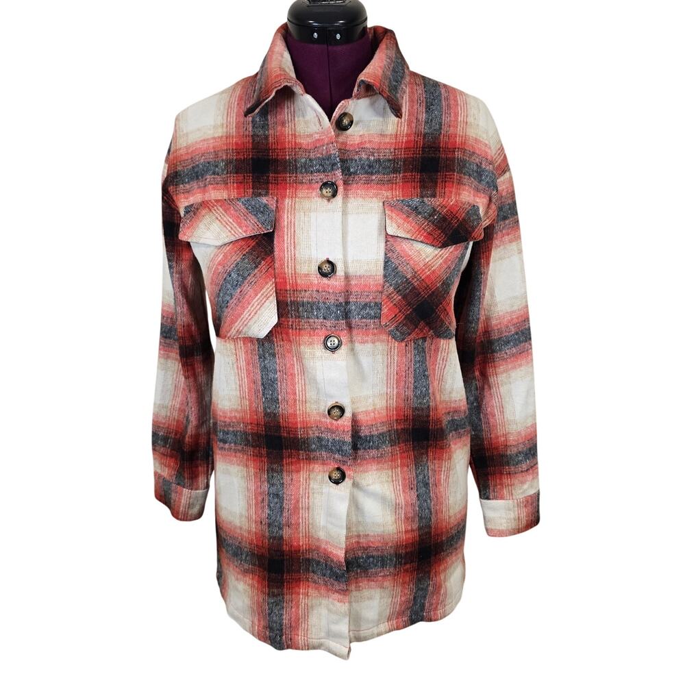 Women's Red Gray Tan Plaid Flannel Shacket Jacket | Size Small